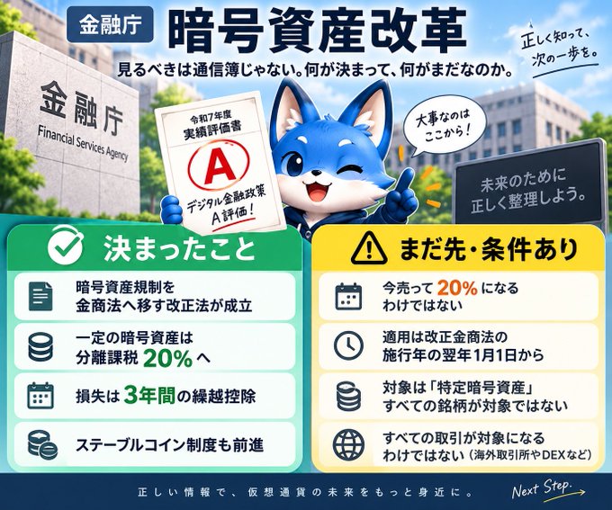 An infographic from Japan's Financial Services Agency (金融庁) featuring a blue fox mascot holding an "A" grade evaluation report, summarizing crypto asset reform decisions—including the passage of an amendment to the Companies Act establishing crypto asset regulations, a 20% separate taxation rate for certain crypto assets, and 3-year loss carryforward—versus pending items, such as the tax rate not yet dropping to 20% and limitations on which crypto assets qualify under the amended law.