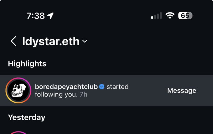 The image shows a message posted by someone named @BoredApeYC, which reads "BAYC first started following March 20th when I bought my ape... BUT this is NEW Double follow!!!! Now following on IG Mama I made it Thank you @BoredApeYC". The post was created in the past week and has been shared with followers.