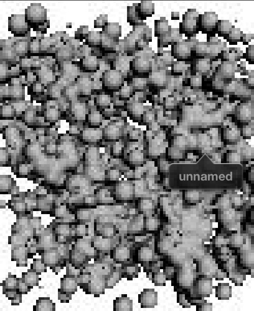 A black and white image displays a dense cluster of circular and irregular particles, with a label reading 'unnamed' on the right side.