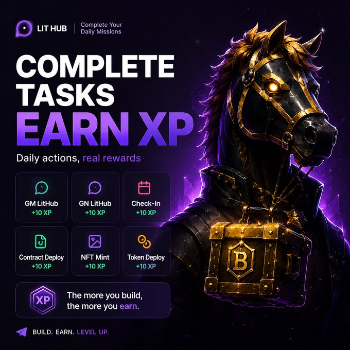 The image is a Lit Hub promotional graphic featuring a dark armored horse character alongside the bold text "COMPLETE TASKS, EARN XP – Daily actions, real rewards," highlighting six XP-earning daily missions (GM LitHub, GN LitHub, Check-In, Contract Deploy, NFT Mint, and Token Deploy at +10 XP each) with the tagline "BUILD. EARN. LEVEL UP." It visually represents the "Bucky Daily Grind" concept by showing the specific on-chain actions—deploying contracts, minting ERC1155 NFTs, sending GM/GN messages, and checking in—that build XP and reputation on the Bucky platform.