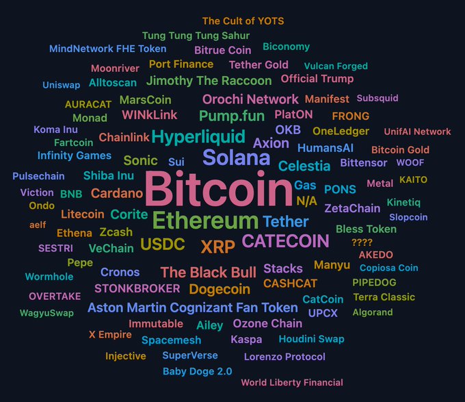 A colorful word cloud displays cryptocurrency and blockchain names with "Bitcoin," "Solana," "Ethereum," and "Hyperliquid" appearing most prominently in the largest text. Surrounding these are numerous other tokens and projects including XRP, USDC, CATECOIN, Dogecoin, Shiba Inu, Uniswap, and Pump.fun, visually representing the diverse ecosystem of crypto assets—fitting the "Social liquidity FTW" theme by showcasing the breadth of community-traded tokens across the market.