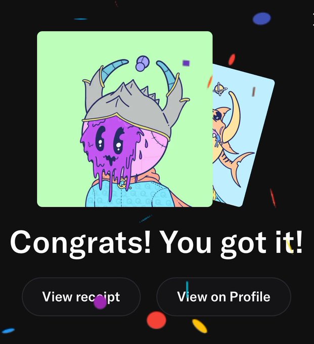 A digital trading card app screen displaying 'Congrats! You got it!' with a cartoon illustration of a purple horned character, accompanied by 'View receipt' and 'View on Profile' buttons amid confetti.