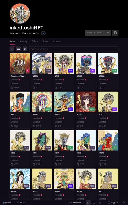 A screenshot of the 'inkedtoshiNFT' NFT collection on a marketplace, showing 183 items in the 'Goddess of War' series with various numbered pieces like #1954 and #528.