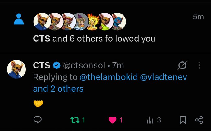 A Twitter notification from verified user CTS (@ctsonsol) replying to @thelambokid and @vladtenev with just a 🤝 emoji, showing 1 retweet, 1 like, and 3 views. The post highlights a growing community of $Hoodrat followers, with CTS among 7 new accounts recently following the user, reflecting the "quiet army building" mentioned in the caption.