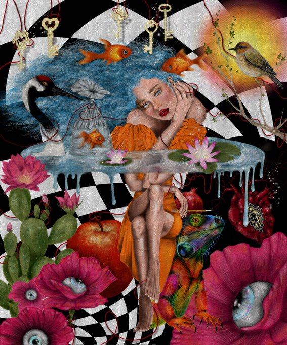 A vibrant, surreal collage-style artwork depicting a woman surrounded by elements like goldfish, a bird, a chameleon, flowers, and apples against a checkered background.