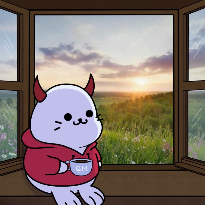 A cartoon illustration of a cute white cat-like character with red horns wearing a red hoodie, holding a mug labeled 'G:M' while sitting by a window with a sunset field view in the background.