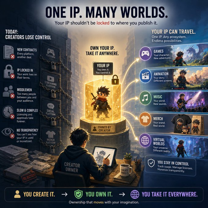 An infographic titled 'ONE IP. MANY WORLDS' showing 'Today: Creators Lose Control' with problems like new contracts, IP locked in, middlemen, slow & complex processes, and no transparency, contrasted with 'Your IP Can Travel' across games, animation, music, merch, and virtual worlds.