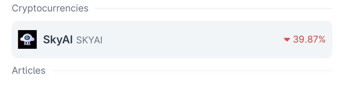 The image displays a cryptocurrency price card for SkyAI ($SKYAI) showing a sharp decline of 39.87%, visually confirming the post's claim that despite other tokens pumping, $SKYAI was the outlier that crashed significantly.