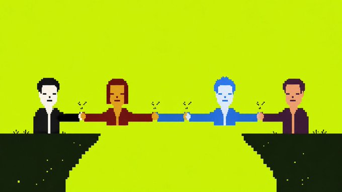 A pixel art illustration depicting five people standing on cliffs, holding hands together while holding broken chains, against a yellow-green background.