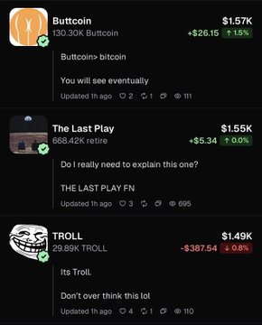The image shows three cryptocurrency tokens: Buttcoin ($1.57K), The Last Play ($1.55K), and TROLL ($1.49K, down -20.58%), with prices and post engagement stats visible. The screenshot illustrates the post's theme of investing in established meme coins, showcasing these specific tokens as examples of "established memes" the author is betting on, despite TROLL showing a significant recent decline.