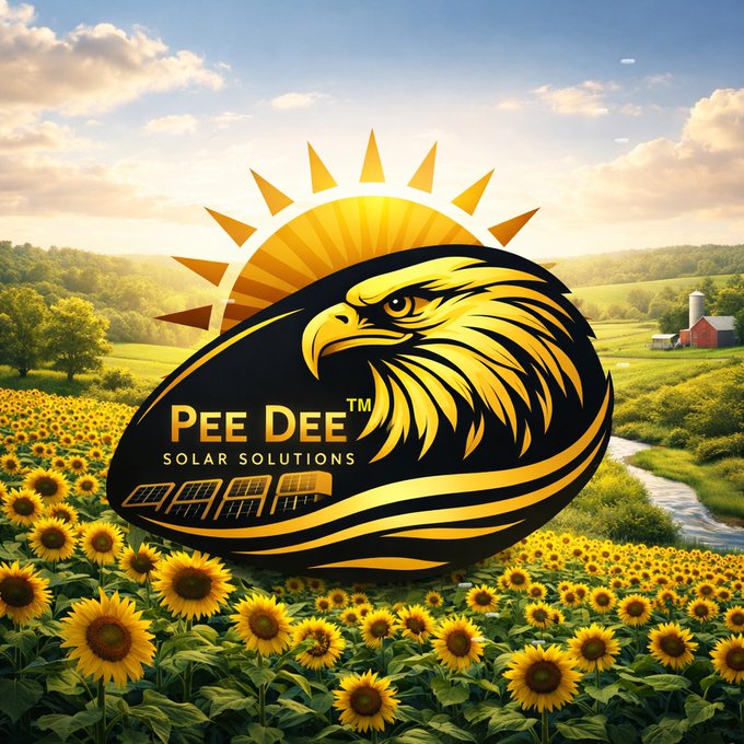 A logo for 'Pee Dee Solar Solutions' featuring a golden eagle and sun design is displayed over a background image of a sunflower field, farm, and rolling hills.
