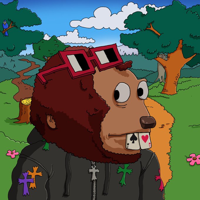 A cartoon illustration of a brown beaver-like character wearing red pixelated sunglasses, holding playing cards in its mouth, in a stylized forest setting.