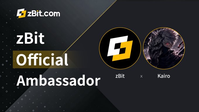 A promotional graphic for 'zBit' announcing an 'Official Ambassador' partnership with 'Kairo', featuring both logos.