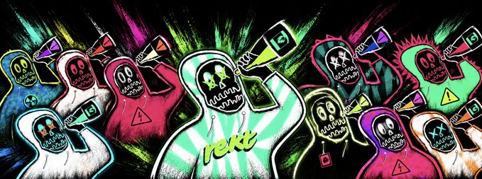 A vibrant digital illustration features multiple hooded figures in colorful attire holding bottles, with the central figure displaying the word 'rekt' in green text, suggesting a crypto trading loss theme.