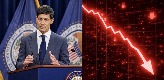 A split image showing a man speaking at a Federal Reserve podium on the left, and a red downward-trending stock market graph with arrows on the right.