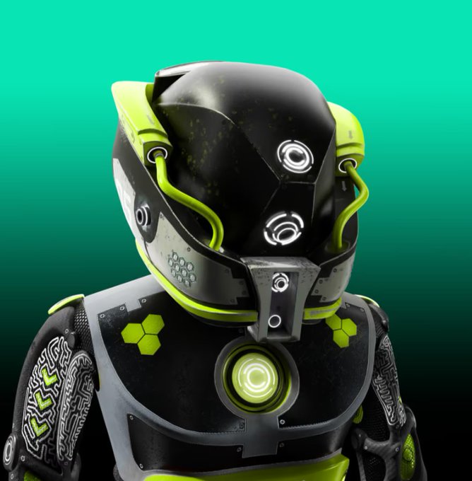 A 3D render shows a futuristic, armored character or robot wearing a black and neon green helmet and suit with glowing circular accents against a green background.