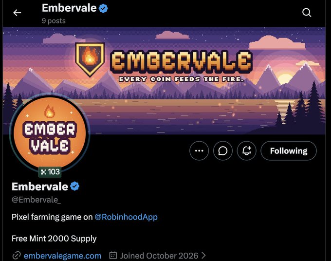 A screenshot of an X/Twitter profile for 'Embervale' (@Embervale_) showing pixel-art banner art reading 'EMBERVALE EVERY COIN FEEDS THE FIRE', with bio text 'Pixel farming game on @RobinhoodApp' and 'Free Mint 2000 Supply'.