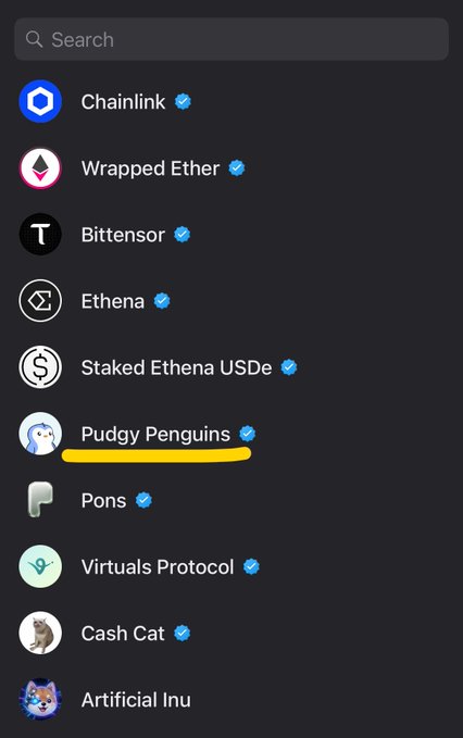 Screenshot of a cryptocurrency list interface displaying verified tokens including Chainlink, Wrapped Ether, Bittensor, Ethena, Staked Ethena USDe, Pudgy Penguins (underlined in yellow), Pons, Virtuals Protocol, Cash Cat, and Artificial Inu.