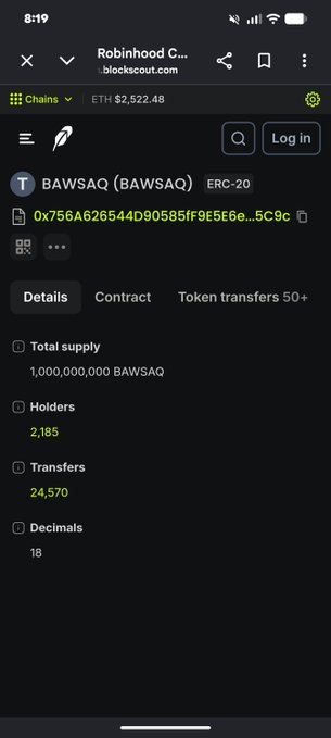 A mobile screenshot from blockscout.com showing the ERC-20 token BAWSAQ (BAWSAQ) with a total supply of 1,000,000,000 BAWSAQ, 2,185 holders, and 24,570 transfers, displayed on a Robinhood Chain explorer page.