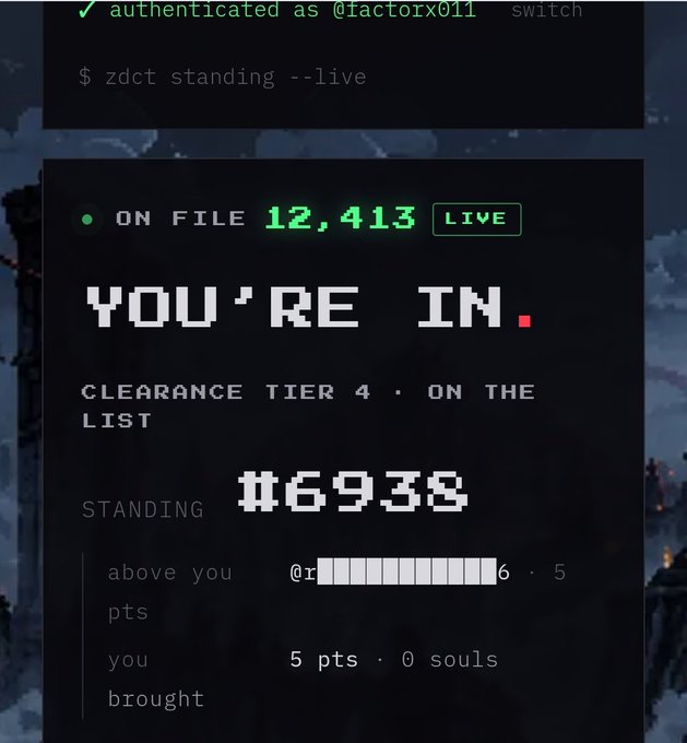 Terminal-style interface showing an authentication confirmation as @factorx011 with a 'YOU'RE IN' message indicating Clearance Tier 4 and a standing of #6938 with 12,413 on file.
