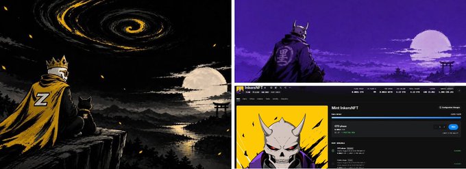 This image shows a side-by-side comparison highlighting the striking similarities between two artworks: on the left, a pixel-art style depiction of a crowned figure with a cat sitting on a cliff overlooking water (attributed to @ZeckersNFT), and on the right, a screenshot of the "Mini Inkers NFT" OpenSea listing featuring a similar horned-masked figure with a cat in an identical seated pose against a moonlit backdrop, suggesting potential plagiarism between the projects.