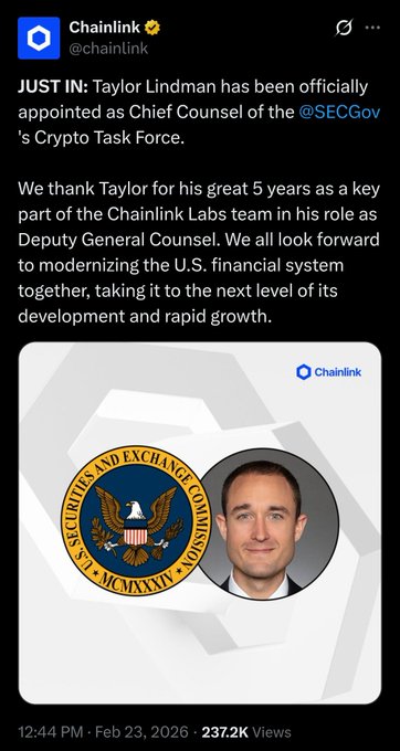 A Chainlink Twitter/X post (@chainlink) dated 12:44 PM · Feb 23, 2026 announcing Taylor Lindman as Chief Counsel of the @SECGov's Crypto Task Force, featuring the SEC seal and a photo of Lindman with 237.2K views.