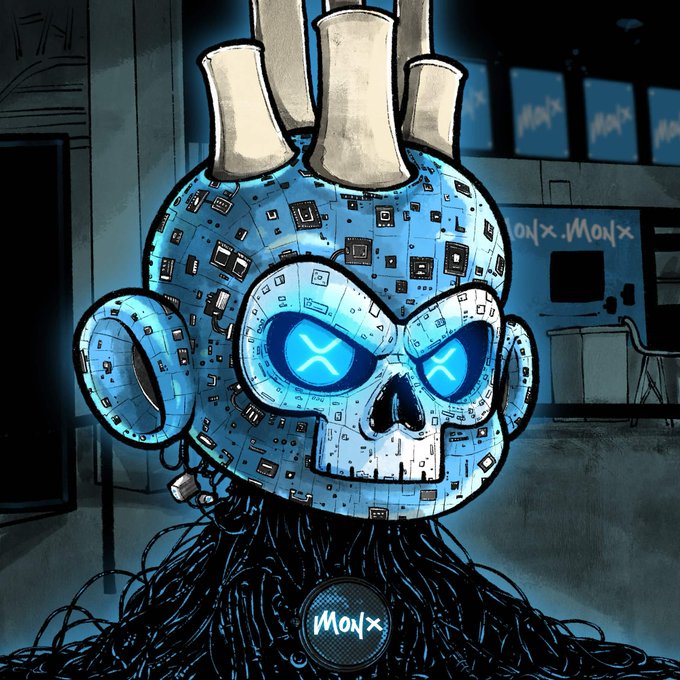 A digital illustration of a blue robotic skull with glowing X-shaped eyes and crown-like protrusions, sitting in a tangled mass of black cables with a 'Monx' logo on its chest.