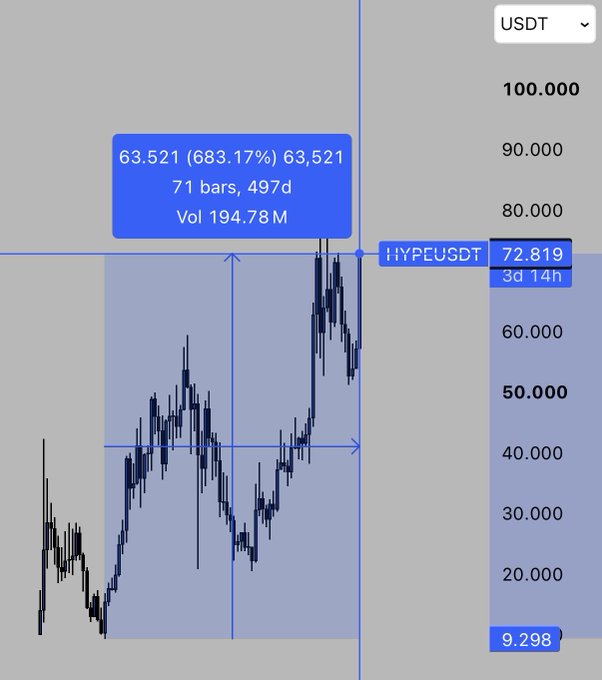 A cryptocurrency price chart for HYPEUSDT showing a dramatic increase of 683.17% to 63,521 with a current price of 72.819 USDT.