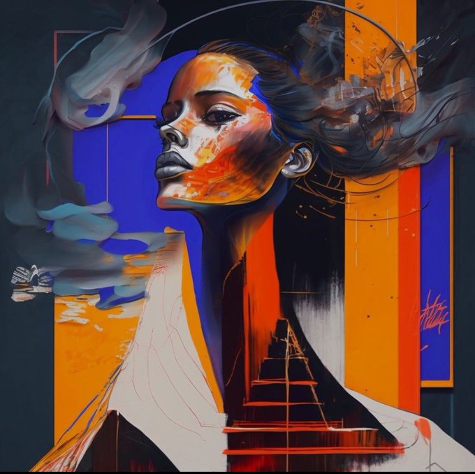 A vibrant, stylized digital illustration of a woman's profile with abstract blue smoke, orange splashes, and a ladder leading into her neck.