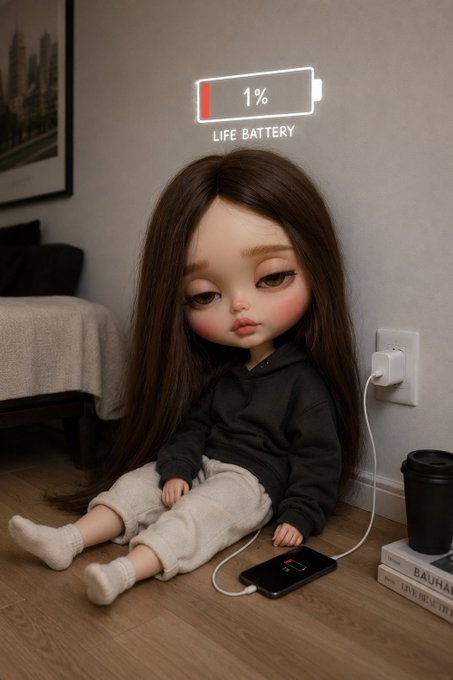 A doll sits on the floor with a low "1% LIFE BATTERY" indicator above her head, plugged into a wall outlet while a phone charges beside her—perfectly illustrating the exhaustion of staying up late scrolling crypto Twitter instead of sleeping.