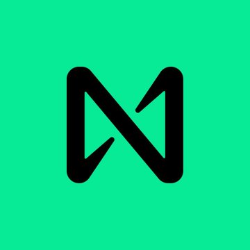 A minimalist logo featuring a stylized black letter 'N' centered on a bright green background.