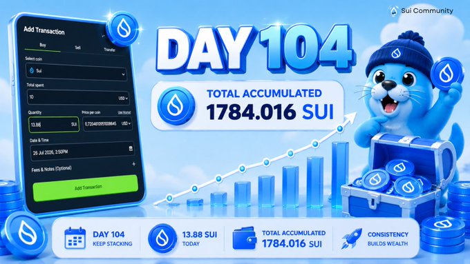 A vibrant promotional graphic for the Sui Community shows "DAY 104" with a total accumulated balance of "1784.016 SUI," alongside an "Add Transaction" interface and a cheerful blue seal mascot opening a treasure chest of SUI coins, visually reinforcing the post's daily accumulation streak of 13.88 SUI.