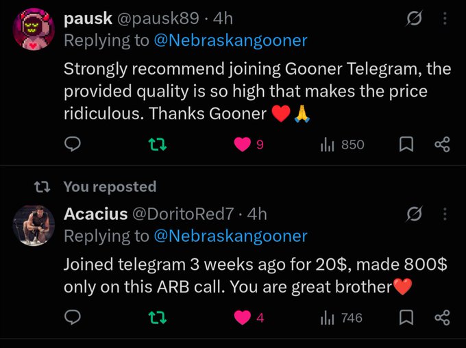 The image shows reposts praising @Nebraskangooner’s $20/month Telegram, with users highlighting its trading and educational value. One user claims to have paid $20 three weeks earlier and made $800 on an “ARB” call, reinforcing the accompanying post’s claim that 25 more spots are being opened.