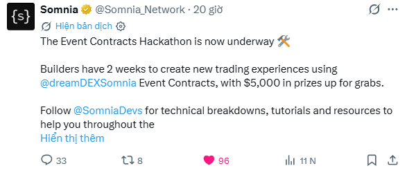 A Twitter/X post by Somnia (@Somnia_Network) announces "The Event Contracts Hackathon is now underway," offering $5,000 in prizes for builders using @dreamDEXsomnia Event Contracts over 2 weeks.