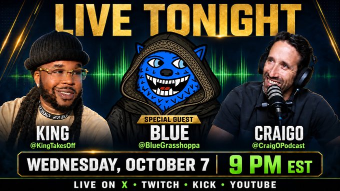 The image is a promotional graphic for a live podcast episode titled "LIVE TONIGHT," featuring guests King (@KingTakesOff), Blue (@BlueGrasshoppa), and Craigo (@CraigOPodcast), with text announcing it airs Wednesday, October 7 at 9 PM EST on X, Twitch, Kick, and YouTube—matching the accompanying post's details about discussing XRP and the $FUZZY token with an XRP giveaway.