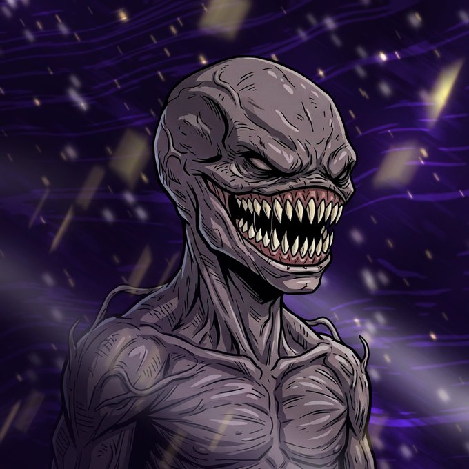 Dark fantasy illustration of a monstrous grey creature with sharp teeth and glowing red eyes against a purple, particle-filled background.