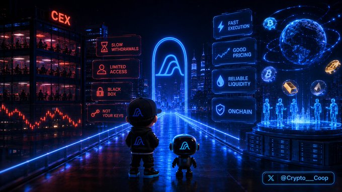 A futuristic crypto-themed illustration contrasts a CEX building labeled with drawbacks ("Slow Withdrawals," "Limited Access," "Black Box," "Not Your Keys") against a glowing portal highlighting DEX advantages ("Fast Execution," "Good Pricing," "Reliable Liquidity," "Onchain"), with two hooded figures observing the divide. The tweet text reads: "The biggest competitor for onchain trading isn't always another DEX. It's still the experience offered by centralized exchanges. Most traders care about three things: 1- Fast execution. 2- Good pricing. 3- Reliable liquidity. If @variational_io can consistently deliver those." The image visually reinforces the post's message by symbolizing the bridge between CEX inefficiencies and the onchain solutions Variational aims to provide.
