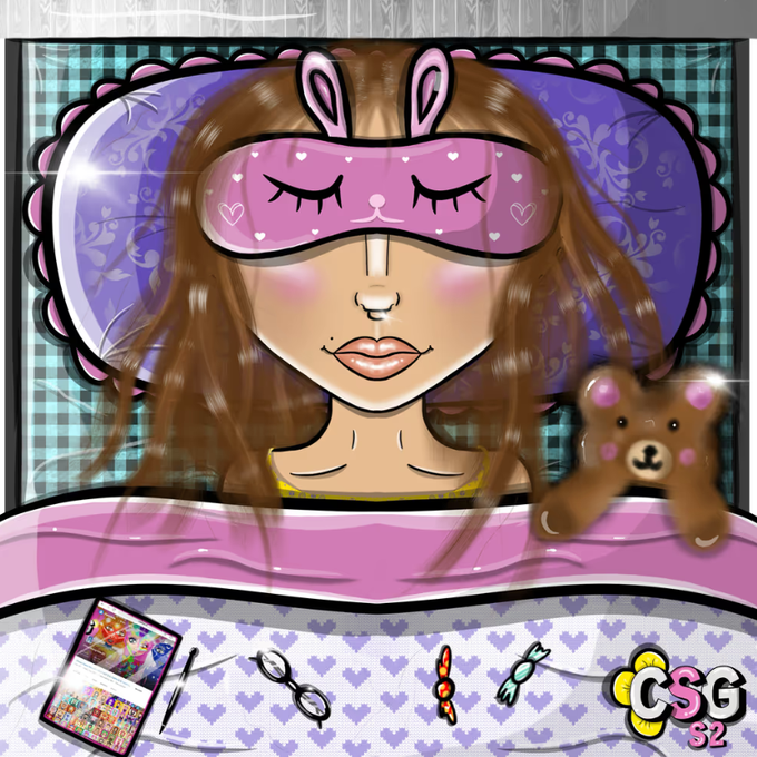A digital illustration of a girl with brown hair wearing a pink bunny sleep mask with hearts, holding a teddy bear, set against a heart-patterned background with 'CSG 32' text.