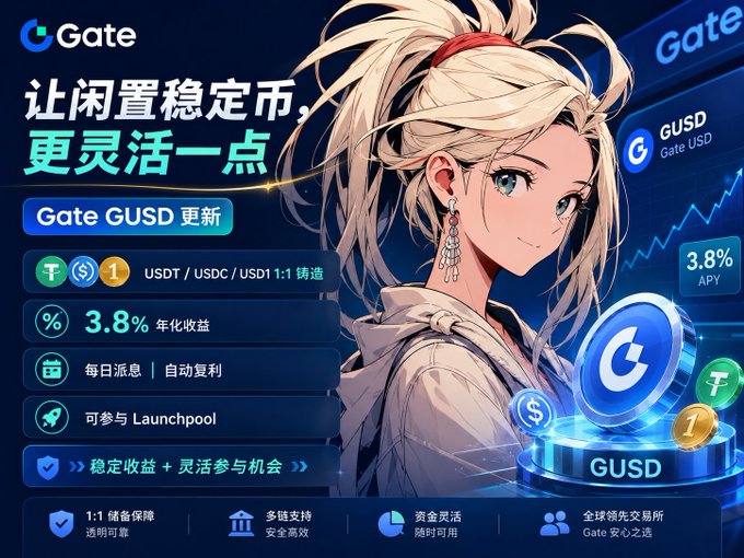 A Gate exchange promotional banner in Chinese featuring an anime-style white-haired character, advertising 'Gate GUSD' update with 3.8% APY, USDT/USDC/USD1 1:1 minting, daily interest, and Launchpool participation.