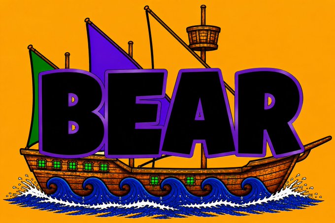 A cartoon pirate ship illustration on an orange background with the bold word 'BEAR' overlaid in black text with a purple outline.