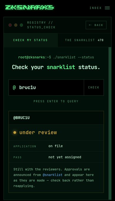 Screenshot of a zksnarks registry status check page showing user @bruc1u's snarklist application is 'under review' with application 'on file' and pass 'not yet assigned'.