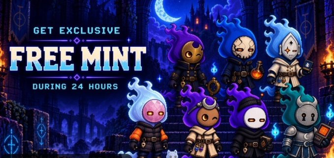 A promotional graphic for an NFT project offering a 'GET EXCLUSIVE FREE MINT DURING 24 HOURS,' featuring 6 mystical hooded character avatars in dark fantasy attire.