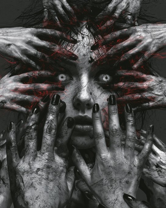 A dark, surreal horror image showing a pale face surrounded by multiple creepy hands with black nail polish and red veins, staring with unsettling eyes.