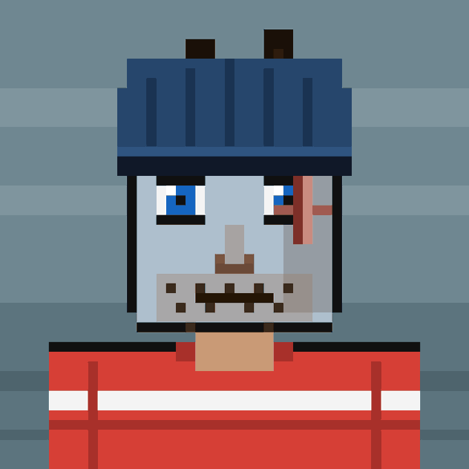 A pixel art style portrait shows a gray-skinned character with blue eyes, stitched facial features, and a blue hat, wearing a red shirt with white stripes against a blue background.