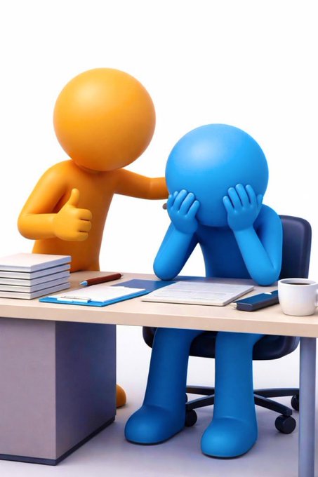 A 3D render of a blue 3D figure covering its face with its hands while sitting at a desk, with an orange 3D figure standing behind it giving a thumbs-up and patting its shoulder.