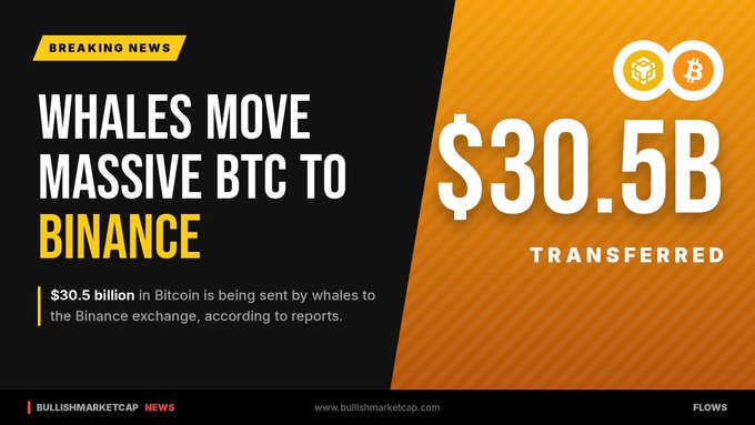 A 'BREAKING NEWS' graphic stating 'WHALES MOVE MASSIVE BTC TO BINANCE' showing '$30.5B TRANSFERRED' from BullishMarketCap News.