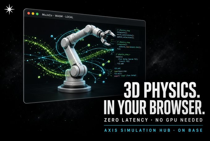 An advertisement for MuJoCo 3D physics software displays a robotic arm inside a browser window with code on the side, accompanied by the tagline "3D PHYSICS. IN YOUR BROWSER. ZERO LATENCY · NO GPU NEEDED" from the AXIS SIMULATION HUB on Base.