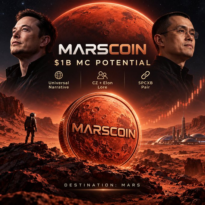 A promotional image for 'MARSCOIN' cryptocurrency with '$1B MC POTENTIAL' text, featuring Elon Musk and CZ against a red Mars background, highlighting 'Universal Narrative', 'CZ + Elon Lore', and 'SPCXB Pair'.