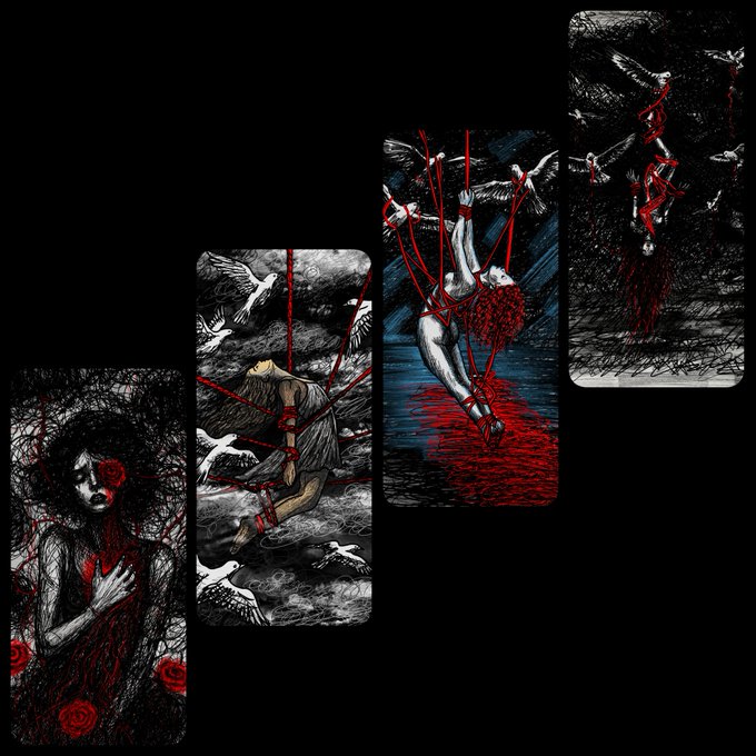 A series of four vertical dark-themed illustrations featuring gothic and surreal imagery, including a woman with a rose, figures with red strings or bonds, and white birds set against black backgrounds with red accents.