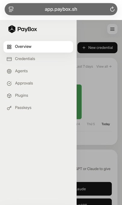 A mobile screenshot of the app.paybox.sh website showing the PayBox sidebar menu with navigation options for Overview, Credentials, Agents, Approvals, Plugins, and Passkeys.